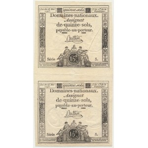 France, uncut sheet of Assginat for 15 Sols 1793 (2pcs)