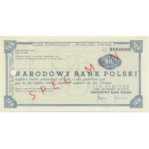 Czek podróżniczy NBP, 100 złotych - SPECIMEN z numeracją zerową - RZADKI