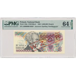 2 miliony złotych 1992 - WZÓR - A 0000000 No.0940 z błędem Konstytucyjy - PMG 64 EPQ -RZADKI