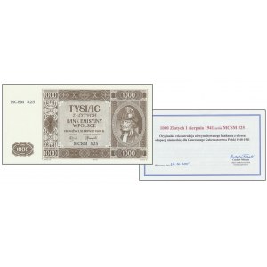 Krakowiak, Reprodukcja - 1.000 złotych 1941 - MCSM 525 - z certyfikatem od Cz.Miłczaka