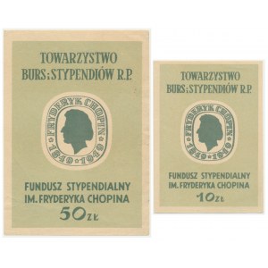 Towarzystwo Burs i Stypendiów R.P, zestaw cegiełek na 10-50 złotych 1949 (2 szt.)