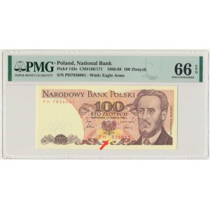 Destrukt, 100 złotych 1986 - PH - PMG 66 EPQ - brak jednej cyfry numeratora