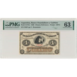 Argentyna, Banco Oxandaburu y Garbino, 4 reale 1869 - PMG 63