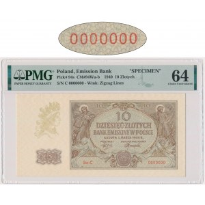 10 złotych 1940 - WZÓR - C 0000000 - PMG 64 - BARDZO RZADKI