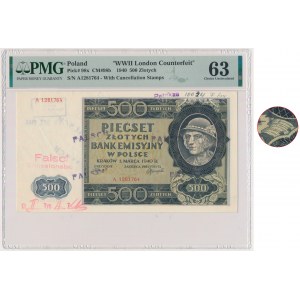 500 złotych 1940 - A 12... - Ostemplowany Falsyfikat Londyński - PMG 63 - RZADKOŚĆ