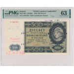 500 złotych 1940 - A 12... - Ostemplowany Falsyfikat Londyński - PMG 63 - RZADKOŚĆ