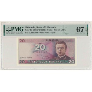Litwa, 20 litów 1991 - AC 0000303 - PMG 67 EPQ - niski numer seryjny