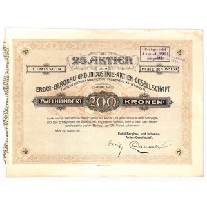 Spółka Akcyjna Górnictwa i Przemysłu Naftowego - 25 akcji po 200 koron II emisja 1921