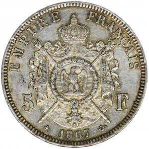 Francja, Napoleon III, 5 Franków Strasbourg 1867 BB