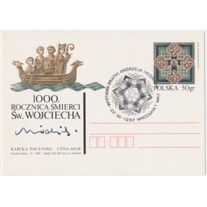 Kartka pocztowa, 1000 rocznica śmierci Św. Wojciecha 1997 - projekt i oryginalny podpis Andrzeja Heidricha