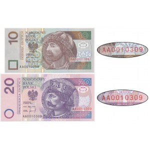 Zestaw, 10 i 20 złotych 1994 - AA 0010309 - identyczny numer seryjny