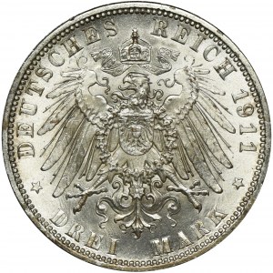 Germany, Bavaria, Regent Luitpold, 3 Mark Munich 1911 D