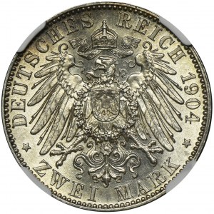 Niemcy, Saksonia, Jerzy I Wettyn, 2 Marki pośmiertne Muldenhütten 1904 E - NGC MS63
