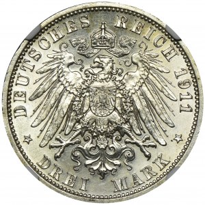 Niemcy, Schaumburg-Lippe, Jerzy II Schaumburg-Lippe, 3 Marki pośmiertne Berlin 1911 A - NGC MS63