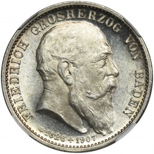 Niemcy, Badenia, Fryderyk I, 2 Marki pośmiertne Karlsruhe 1907 - NGC MS64