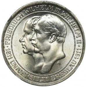 Niemcy, Królestwo Prus, Wilhelm II, 3 marki Berlin 1911 A - NGC MS65 - WYŚMIENITE
