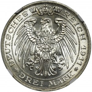 Niemcy, Królestwo Prus, Wilhelm II, 3 marki Berlin 1911 A - NGC MS65 - WYŚMIENITE