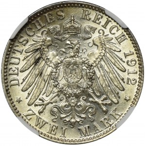 Niemcy, Saksonia, Fryderyk August III, 2 Marki Muldenhütten 1912 E - NGC MS64