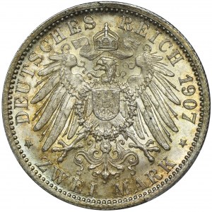 Niemcy, Wirtembergia, Wilhelm II, 2 Marki Stuttgart 1907 F - PCGS MS64