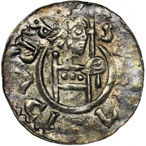 Bohemia, Bretislav II, Denarius - line border