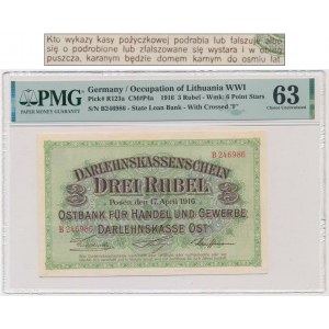 Poznań 3 ruble 1916 - B - długa klauzula - PMG 63 - DUŻA RZADKOŚĆ