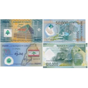 Liban, zestaw banknotów kolekcjonerskich 50.000-100.000 dinarów 2013-2020 (4 szt.)