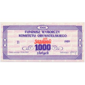 Solidarność, cegiełka 1000 złotych 1989 na Fundusz Wyborczy Komitetu Obywatelskiego
