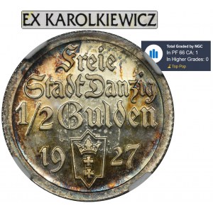 Wolne Miasto Gdańsk, 1/2 guldena 1927 - NGC PF66 CAMEO - ex. Karolkiewicz, BARDZO RZADKIE, LUSTRZANKA