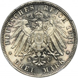 Niemcy, Bawaria, Regent Luitpold, 3 Marki Monachium 1911 D - NGC MS64 - PIĘKNE