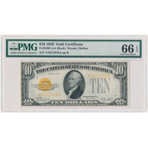 USA, Gold Certificate, 10 dolarów 1928 - Woods & Mellon - PMG 66 EPQ - imponująca nota