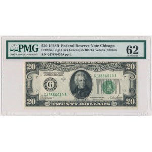 USA, Green Seal, 20 Dollars 1928 B - Woods & Mellon - PMG 62