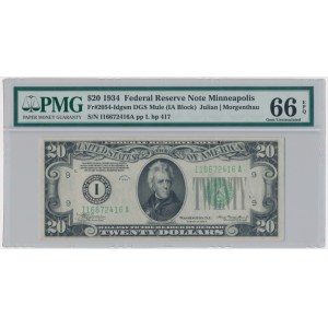 USA, Green Seal, 20 Dollars 1934 - Julian & Morgenthau - PMG 66 EPQ