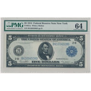 USA, Blue Seal, 5 Dollars 1914 - White & Mellon - PMG 64