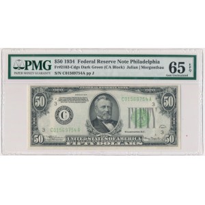 USA, Green Seal, 50 Dollars 1934 - Julian & Morgenthau - PMG 65 EPQ