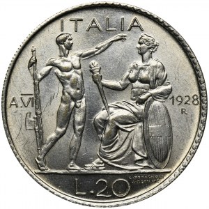 Włochy, Królestwo Włoch, Wiktor Emanuel III, 20 Lirów Rzym 1928 - RZADKIE