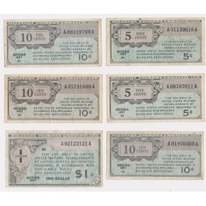 USA, zestaw wojskowych certyfikatów płatniczych 5 centów - 1 dolar 1946-47 (6 szt.)