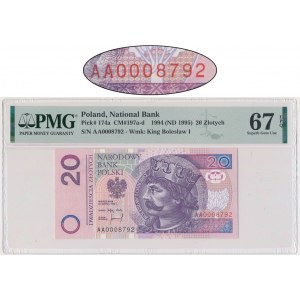 20 złotych 1994 - AA 0008792 - niski numer - PMG 67 EPQ