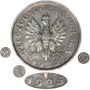 PRÓBA, Konstytucja, 5 złotych 1925 - monogramy SW i WG - NGC AU DETAILS - DUŻA RZADKOŚĆ