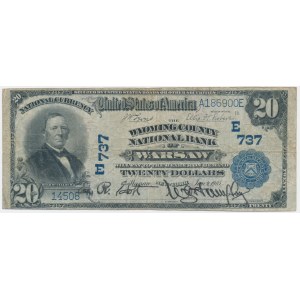 USA, Blue Seal, 20 dolarów 1902 - Lyons & Roberts - Wyoming County National Bank of Warsaw - RZADKI
