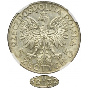 Głowa Kobiety, 5 złotych Warszawa 1932 - NGC AU55 - RZADKIE