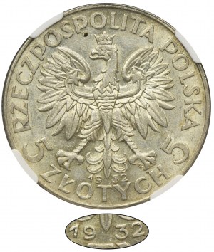 Głowa Kobiety, 5 złotych Warszawa 1932 - NGC AU55 - RZADKIE
