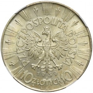 Piłsudski, 10 złotych 1939 - NGC MS62