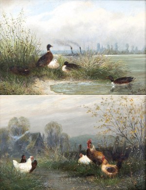 Fritz Lange (1851-1922), Para scen pejzażowych z ptactwem, pocz. XX w.
