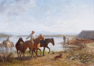 Franz Quaglio (1844-1920), Popas koni nad wodą, 1887