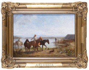 Franz Quaglio (1844-1920), Popas koni nad wodą, 1887