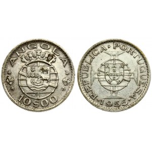 Angola 10 Escudos 1955 Averse: Arms; date below. Reverse: Five crowns above arms; value below. Silver...