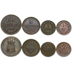 Austria 1 Kreuzer 1816A  & 1851A & 1881 & 1885. Averse: Crowned imperial double eagle. Reverse: Denomination Copper...