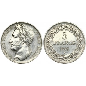 Belgium 5 Francs 1849 Leopold I(1831-1865). Averse: Head left; heavy whiskers. Averse Legend...