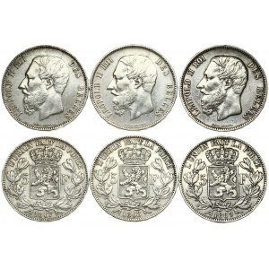 Belgium 5 Francs 1867-1869 Leopold II(1865-1909). Averse: Smaller head; engraver's name near rim; below truncation...