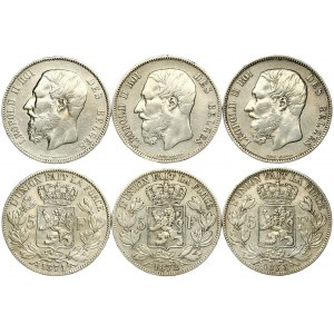 Belgium 5 Francs 1871-1873 Leopold II(1865-1909). Averse: Smaller head; engraver's name near rim; below truncation...